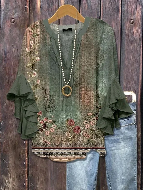 Women Floral Half Sleeve Shirt Summer Printing V Neck Daily Casual Top