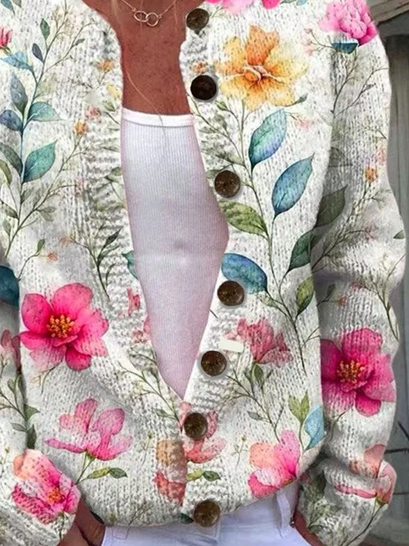 Women 3D Printing Vintage Spring/Fall Knitted Cardigan