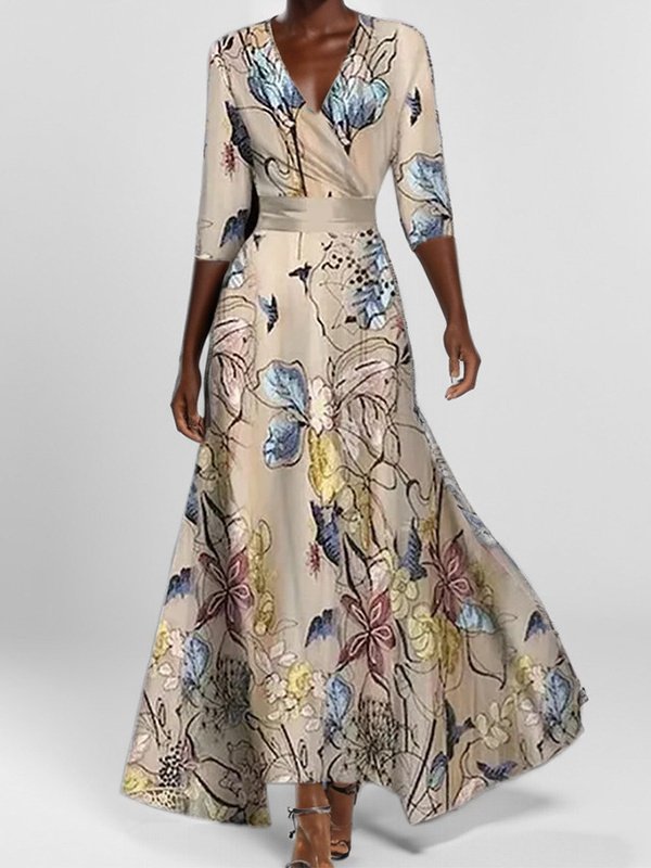 Women Floral Short Sleeve Summer Printing Dress V Neck Daily Vintage Maxi Tank A-Line Dress