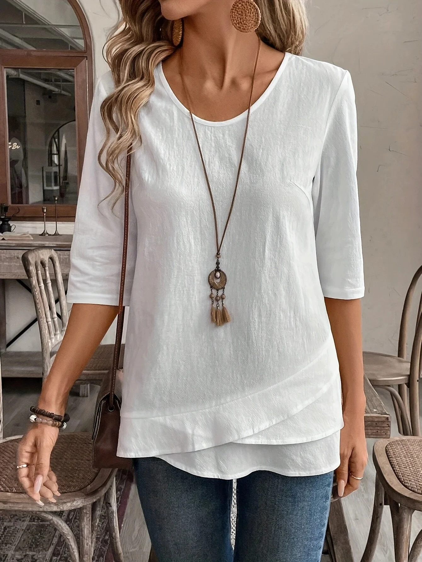 Women Plain Three Quarter Sleeve Shirt Spring/Fall Crew Neck Daily Casual Top