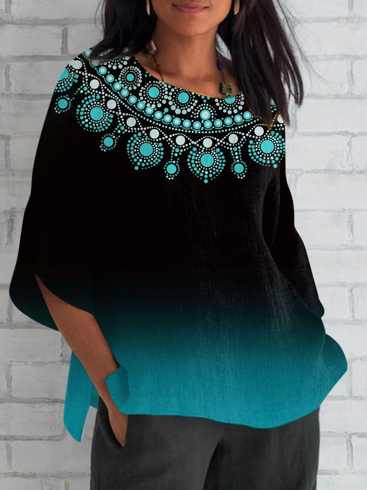Women Geometric Short Sleeve Tee T-shirt V Neck Printing Vintage Summer Top