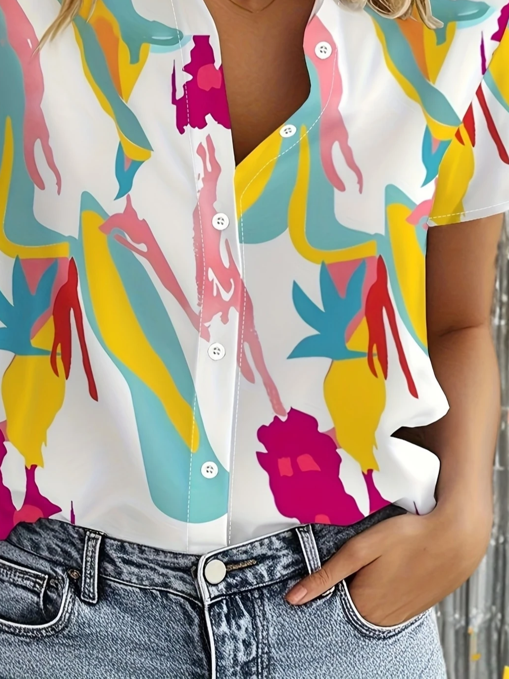 Women Abstract Short Sleeve Shirt Summer Printing Shirt Collar Daily Casual Top