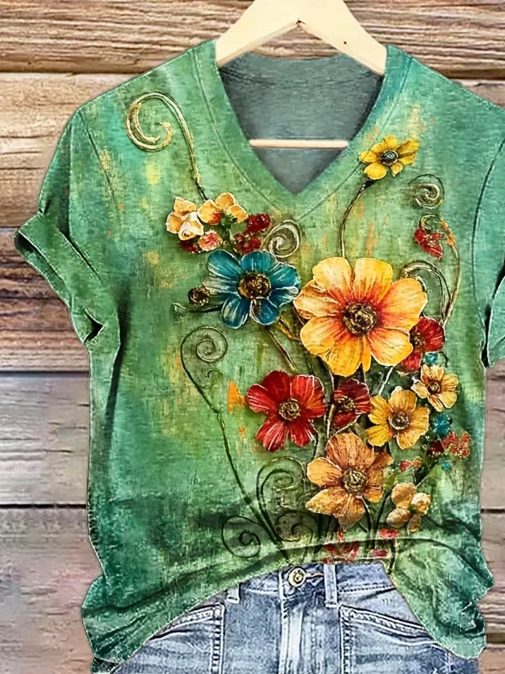 Women Floral Short Sleeve Tee T-shirt V Neck Printing Casual Summer Graphic Tee Top