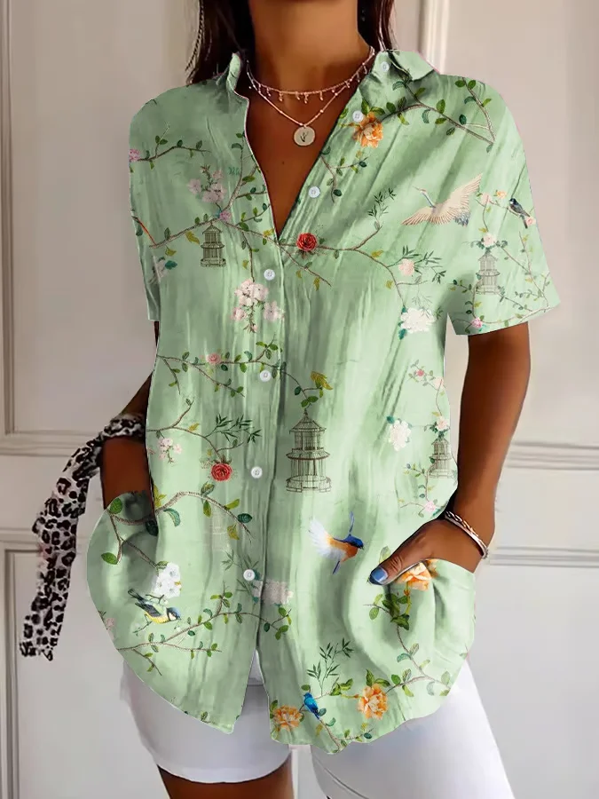 Women Floral Short Sleeve Shirt Summer Printing Shirt Collar Daily Casual Top