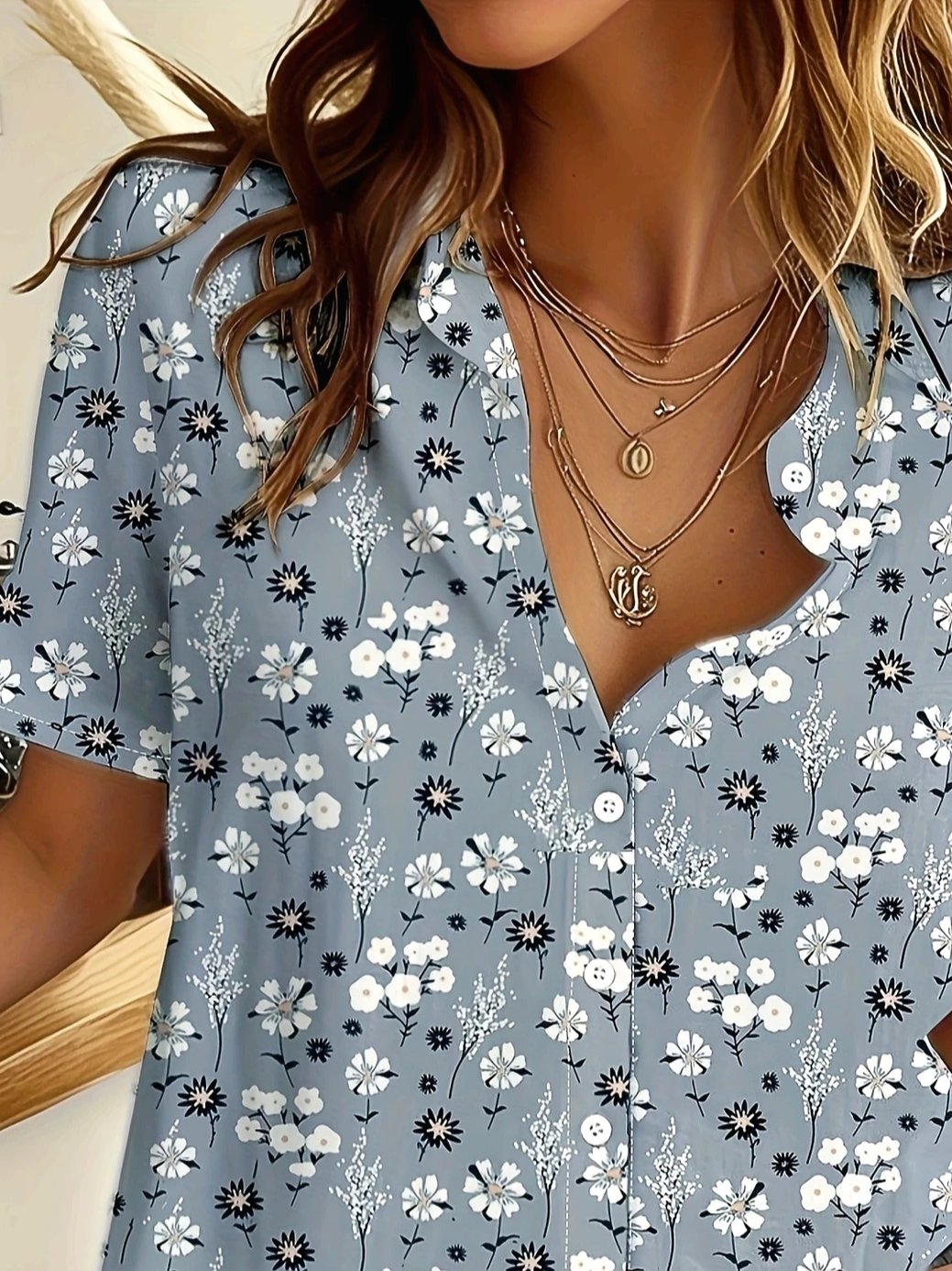 Women Floral Short Sleeve Shirt Summer Printing Shirt Collar Daily Casual Top