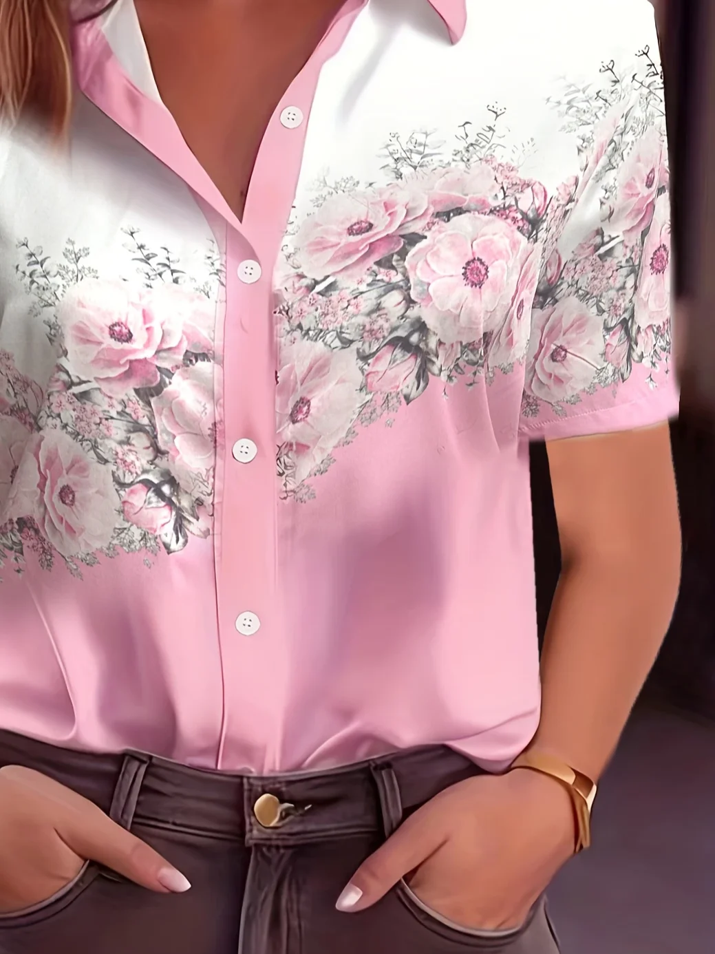 Women Floral Short Sleeve Shirt Summer Printing Shirt Collar Daily Casual Top