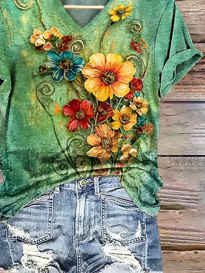 Women Floral Short Sleeve Tee T-shirt V Neck Printing Casual Summer Graphic Tee Top