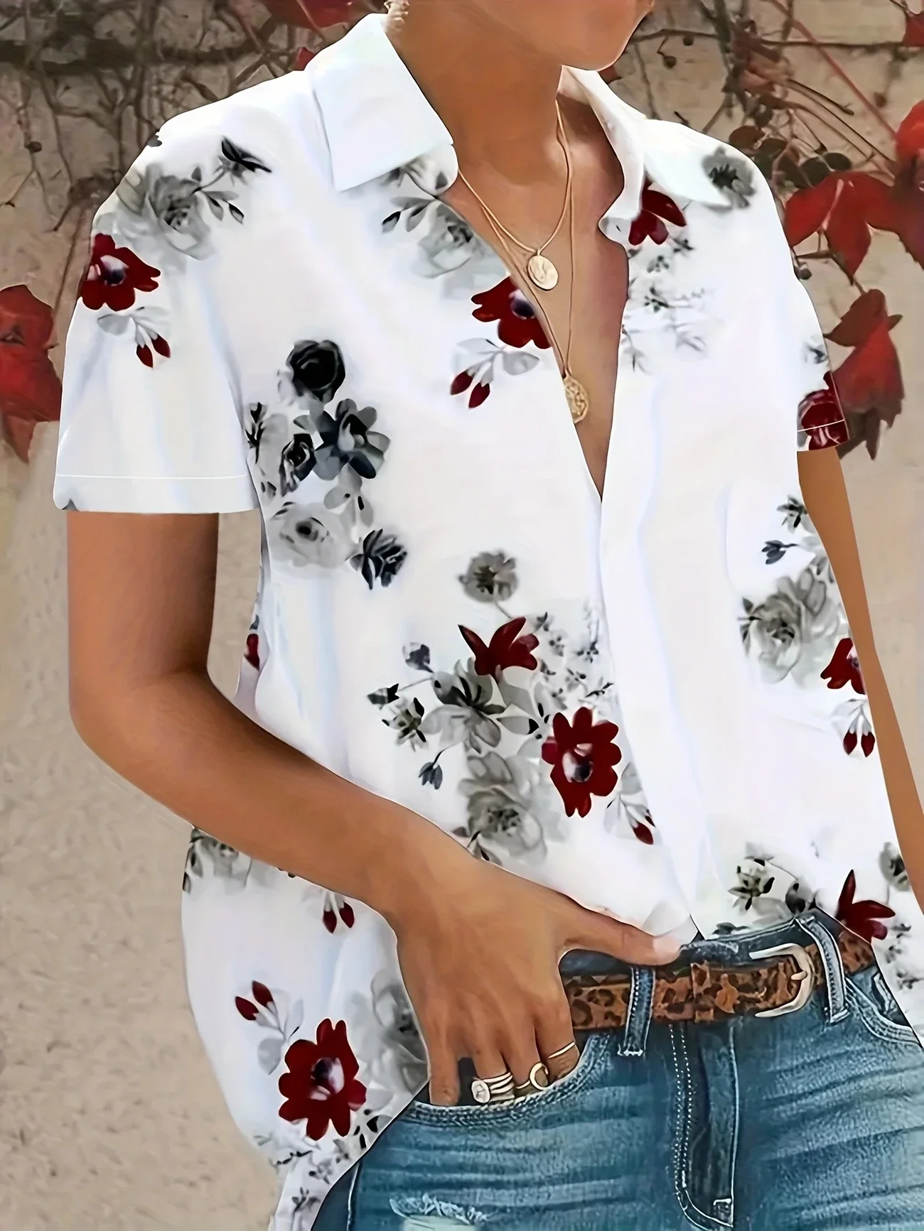 Women Floral Short Sleeve Shirt Summer Printing Shirt Collar Daily Casual Top