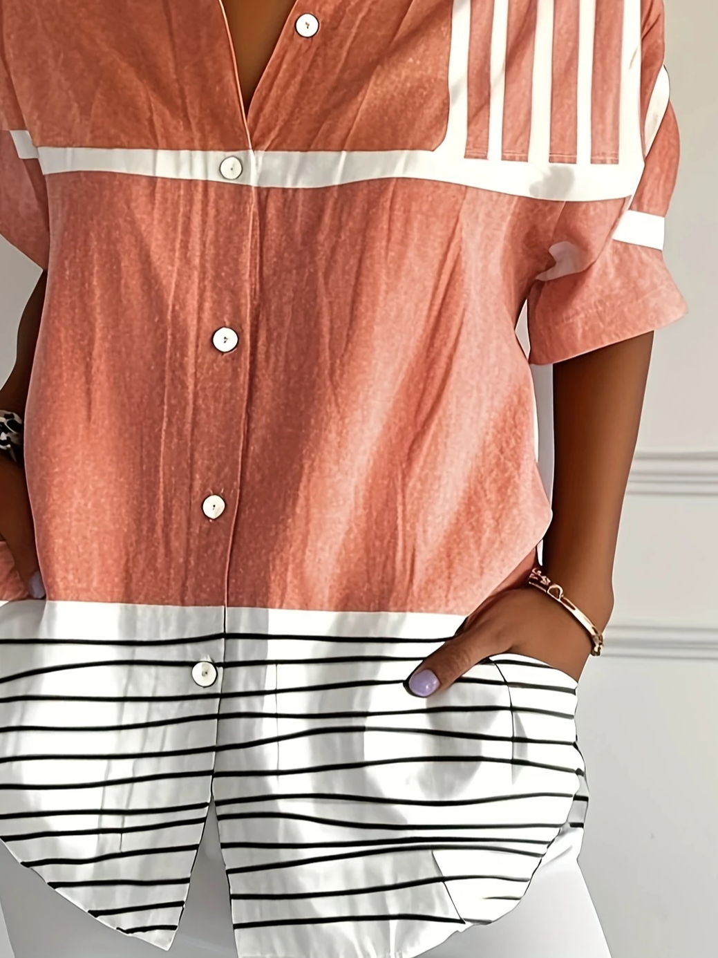 Women Striped Short Sleeve Shirt Summer Printing Shirt Collar Daily Casual Top
