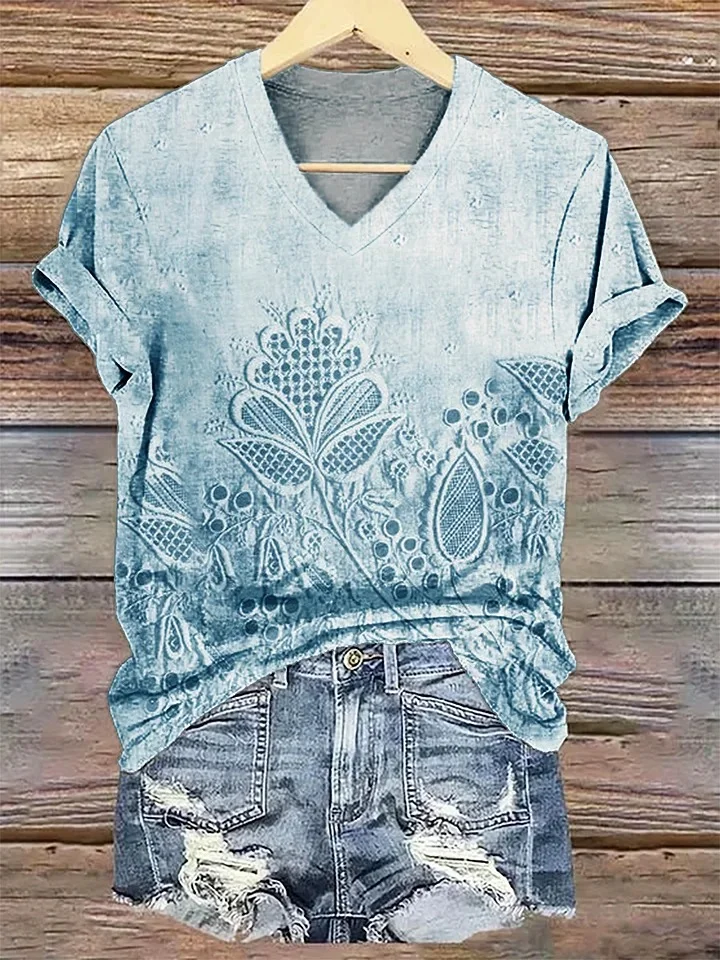 Women Floral Short Sleeve Tee T-shirt V Neck Printing Casual Summer Graphic Tee Top