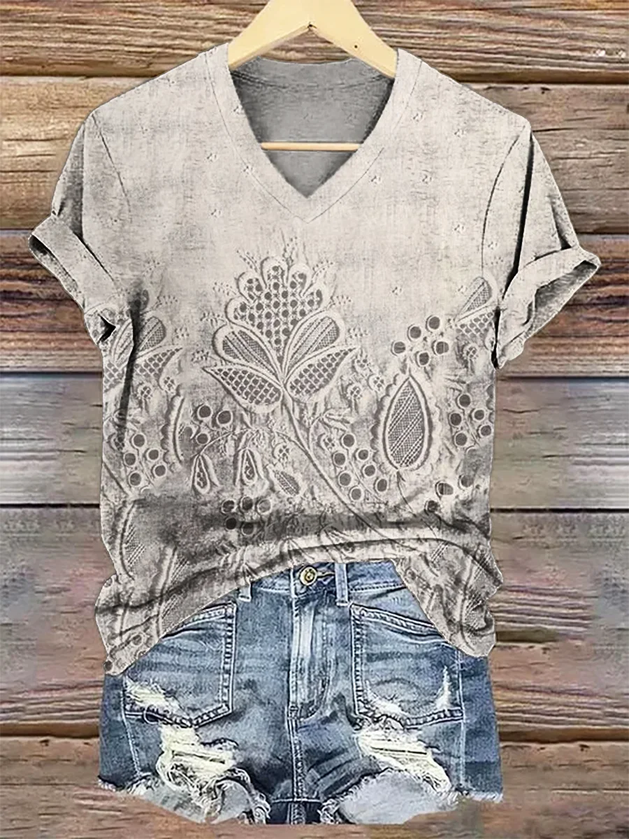 Women Floral Short Sleeve Tee T-shirt V Neck Printing Casual Summer Graphic Tee Top