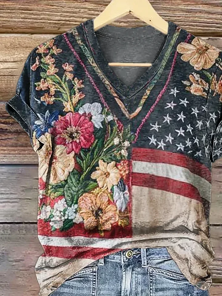 Women Floral Short Sleeve Tee T-shirt V Neck Printing Casual Summer Graphic Tee Top