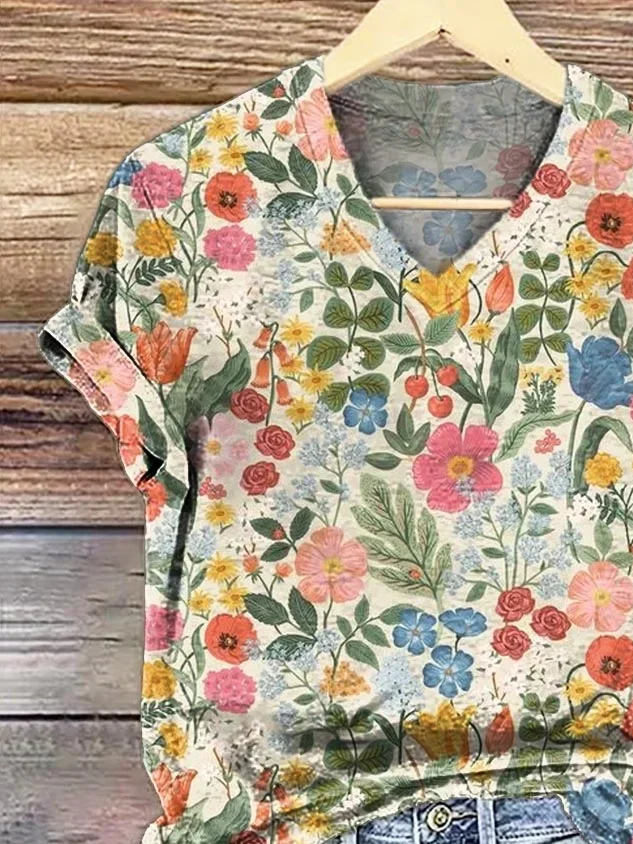 Women Floral Short Sleeve Tee T-shirt V Neck Printing Casual Summer Graphic Tee Top