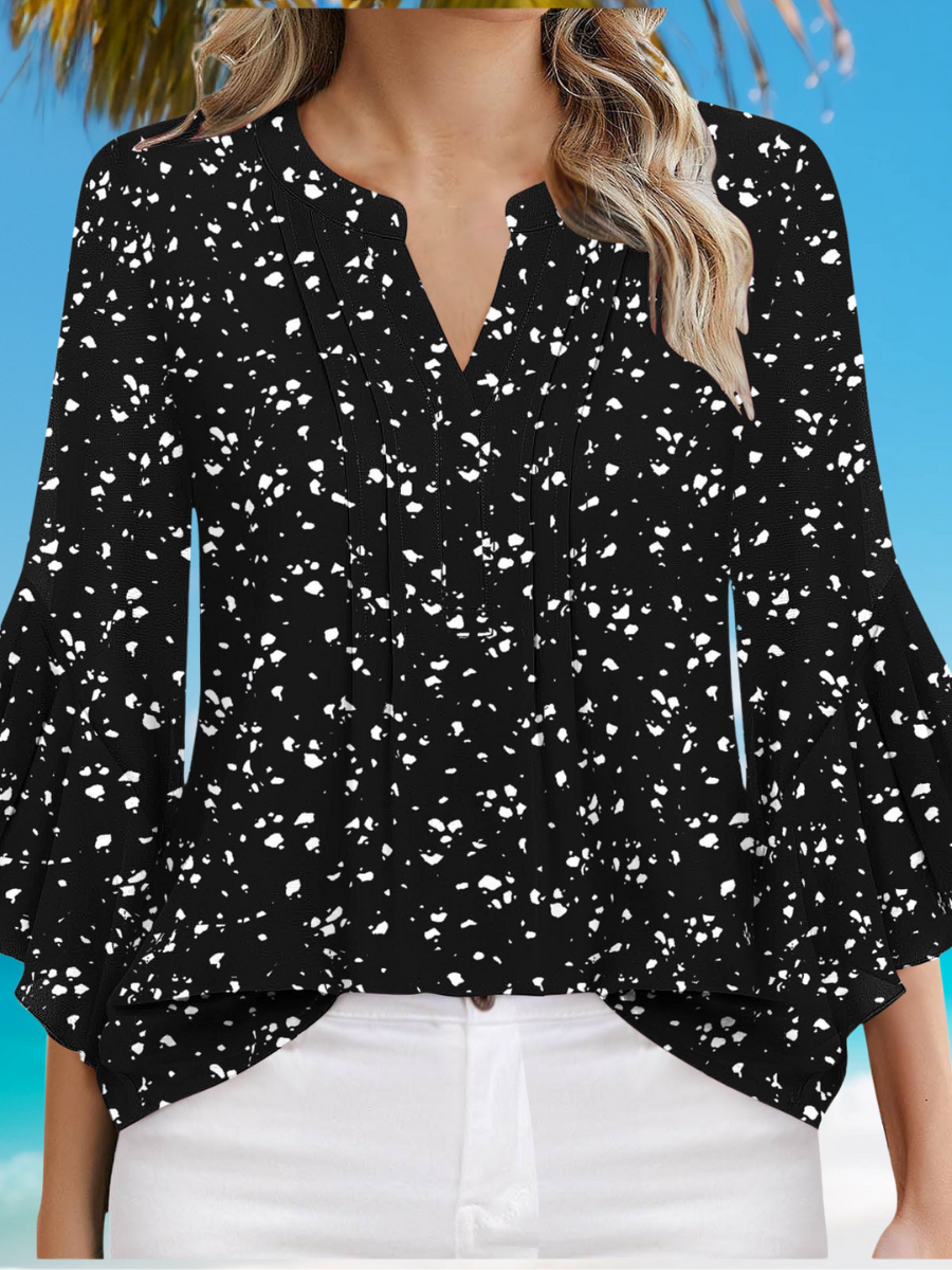 Women Plain Three Quarter Sleeve Shirt Spring/Fall Printing V Neck Ruffle Sleeve Daily Casual Top