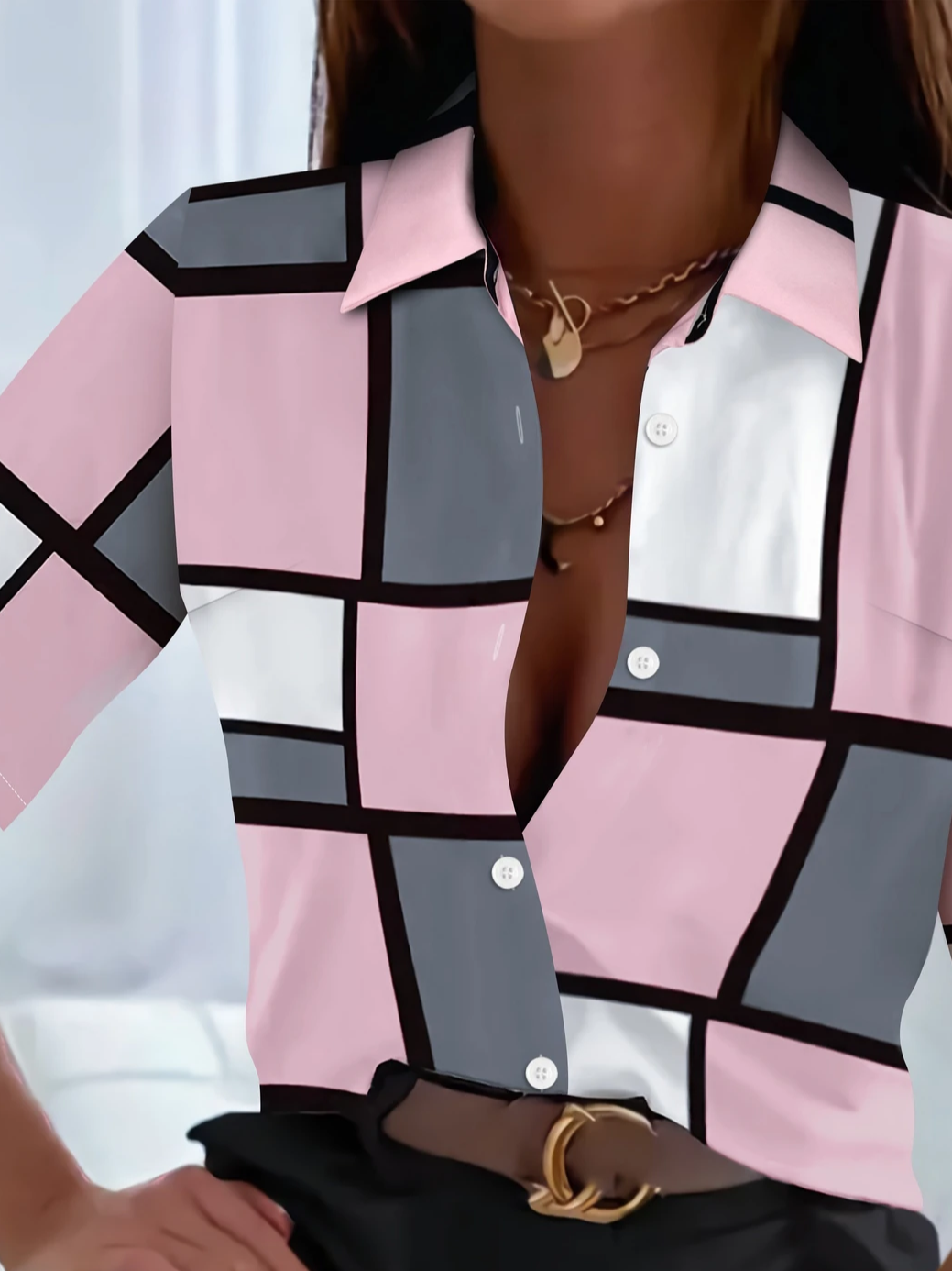 Women Plaid Short Sleeve Shirt Summer Printing Shirt Collar Daily Casual Top