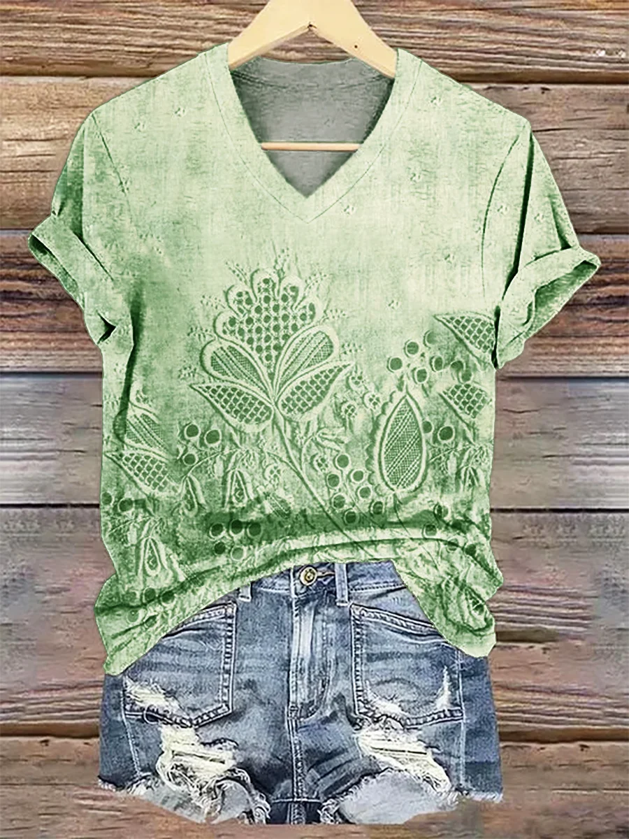 Women Floral Short Sleeve Tee T-shirt V Neck Printing Casual Summer Graphic Tee Top