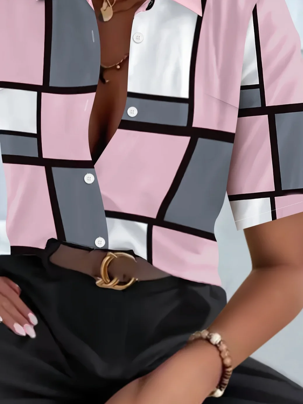 Women Plaid Short Sleeve Shirt Summer Printing Shirt Collar Daily Casual Top