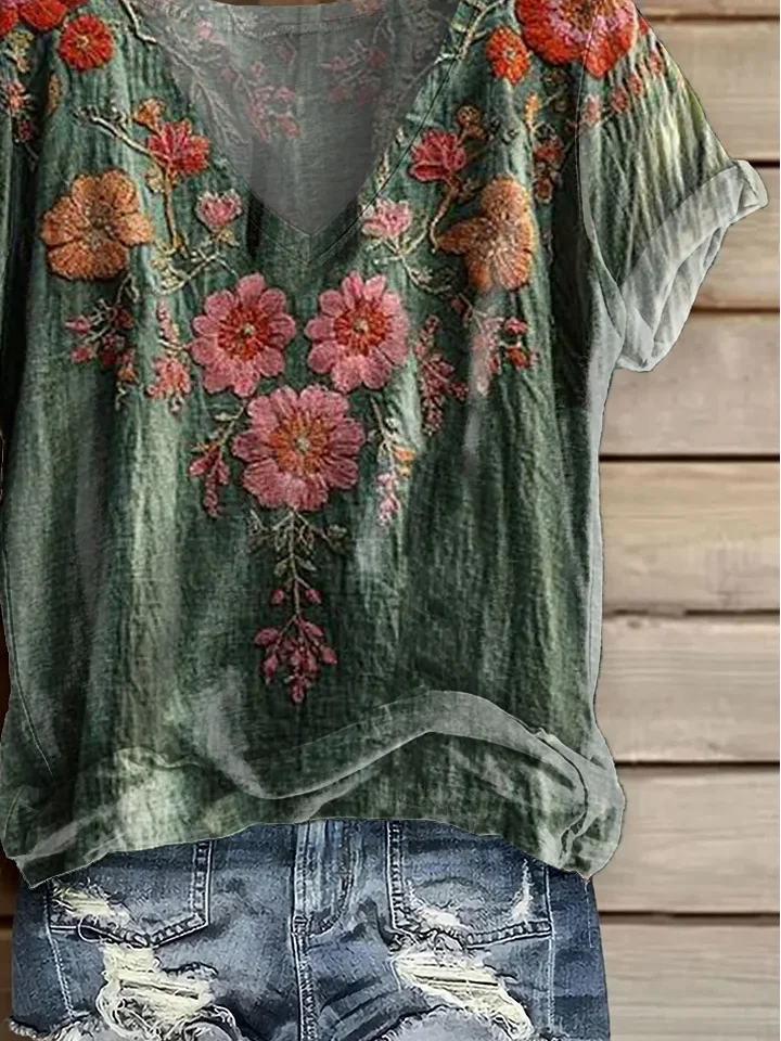 Women Floral Short Sleeve Tee T-shirt V Neck Printing Casual Summer Graphic Tee Top