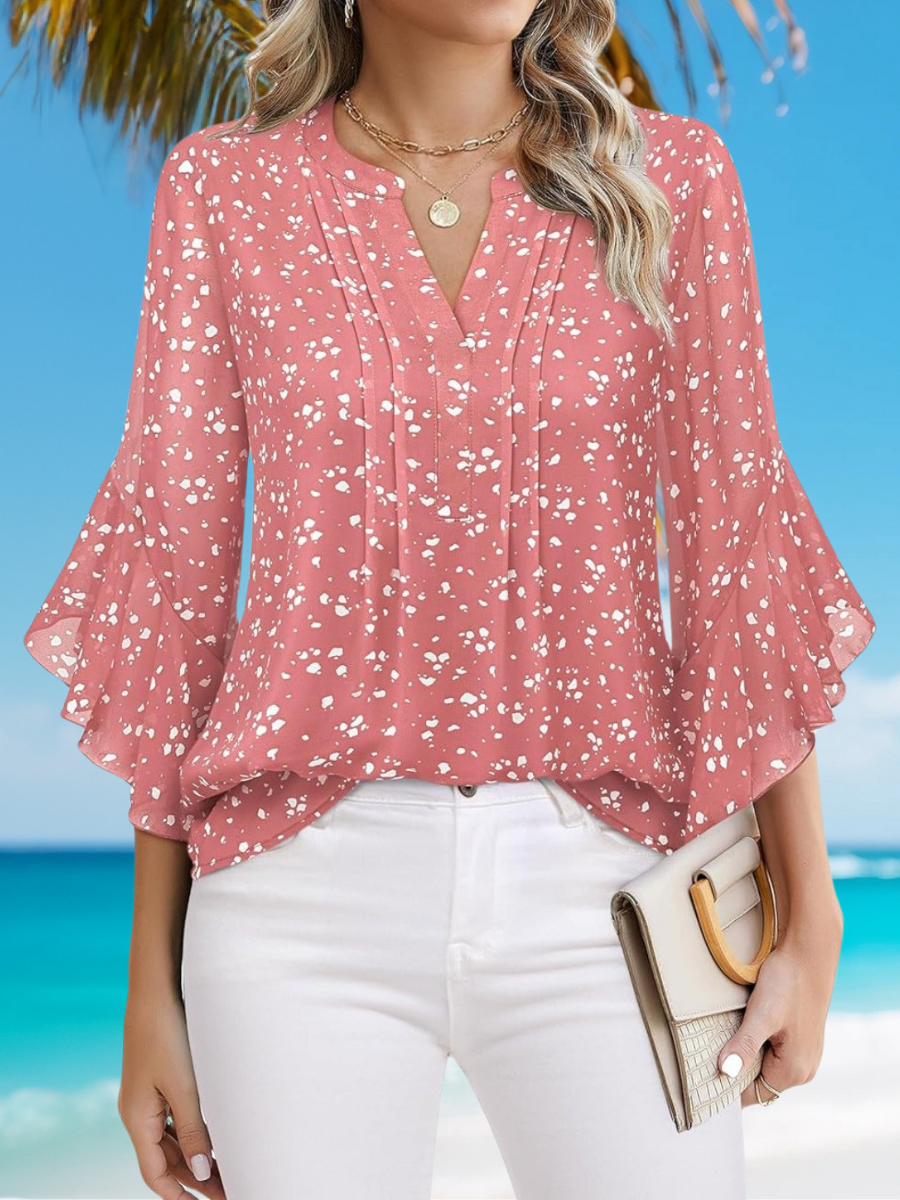 Women Plain Three Quarter Sleeve Shirt Spring/Fall Printing V Neck Ruffle Sleeve Daily Casual Top