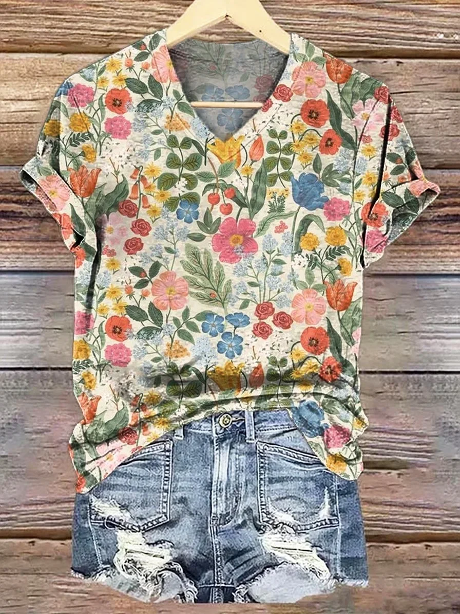 Women Floral Short Sleeve Tee T-shirt V Neck Printing Casual Summer Graphic Tee Top