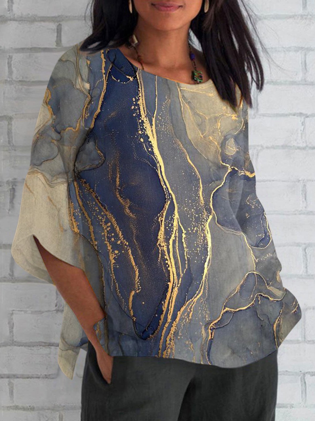 Women Geometric Short Sleeve Tee T-shirt V Neck Printing Vintage Summer Top