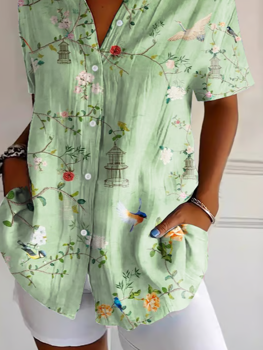 Women Floral Short Sleeve Shirt Summer Printing Shirt Collar Daily Casual Top
