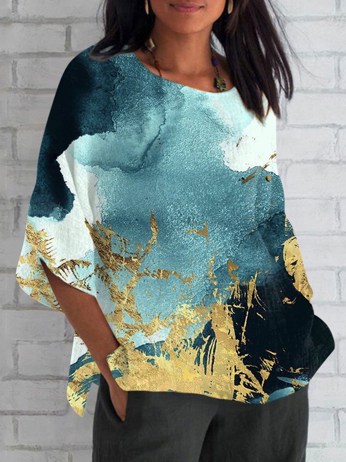 Women Geometric Short Sleeve Tee T-shirt V Neck Printing Vintage Summer Top