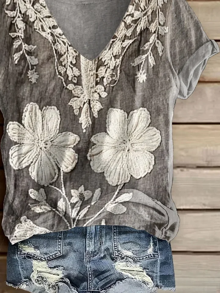 Women Floral Short Sleeve Tee T-shirt V Neck Printing Casual Summer Graphic Tee Top