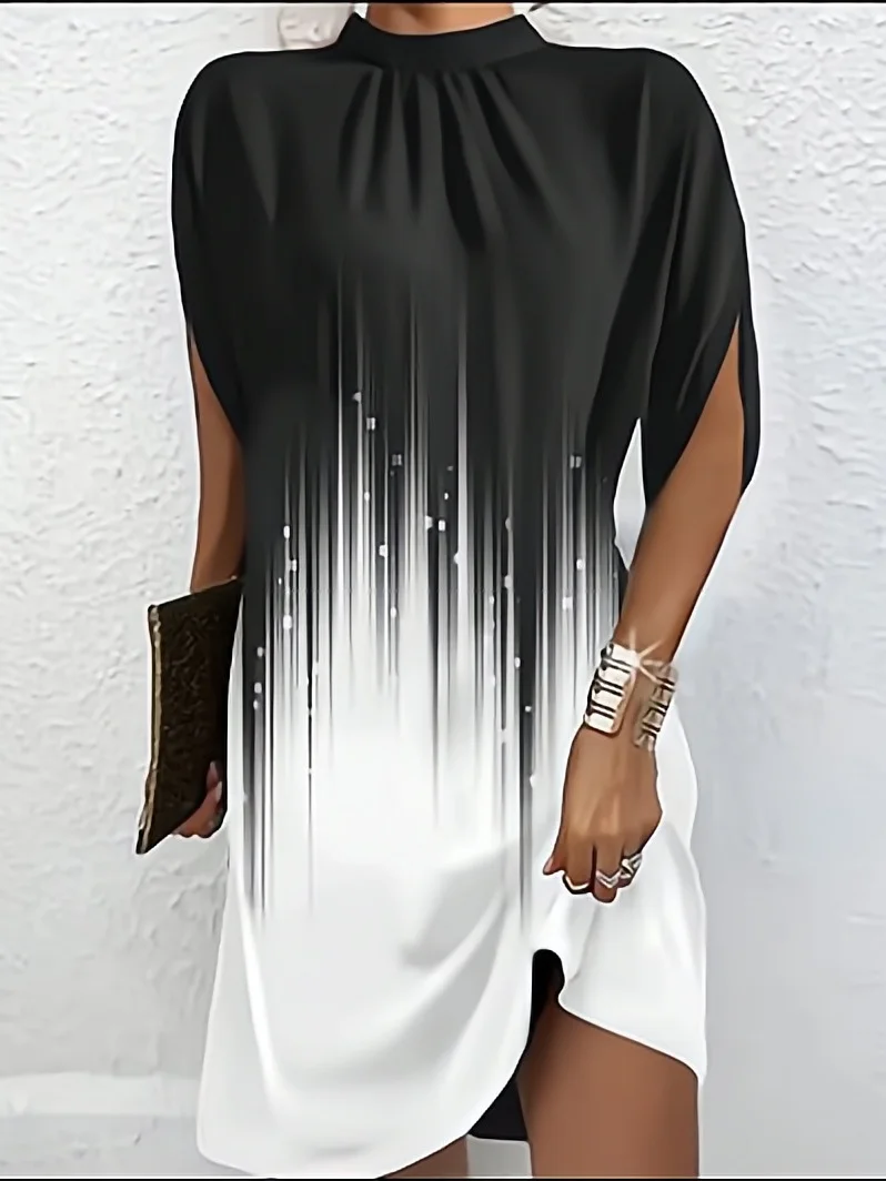Women Geometric Short Sleeve Summer Printing Dress Crew Neck Dolman Sleeve Daily Vintage Midi Tank A-Line Dress