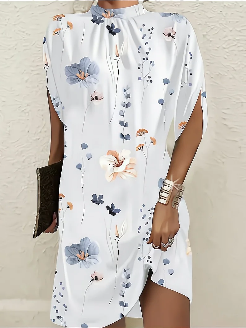 Women Geometric Short Sleeve Summer Printing Dress Crew Neck Dolman Sleeve Daily Vintage Midi Tank A-Line Dress