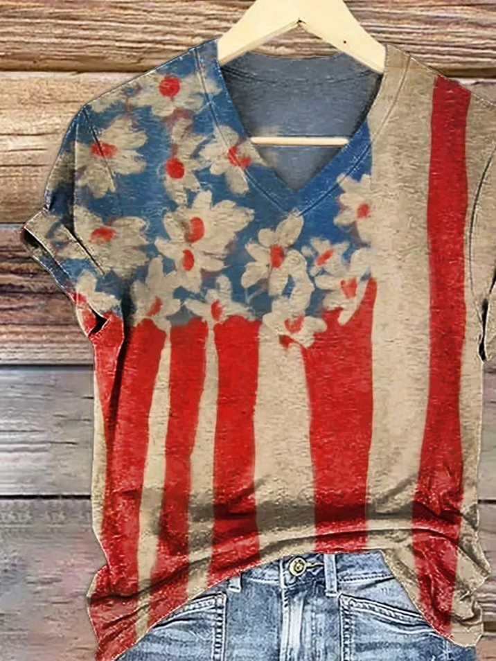 Women Floral Short Sleeve Tee T-shirt V Neck Printing Casual Summer Graphic Tee Top