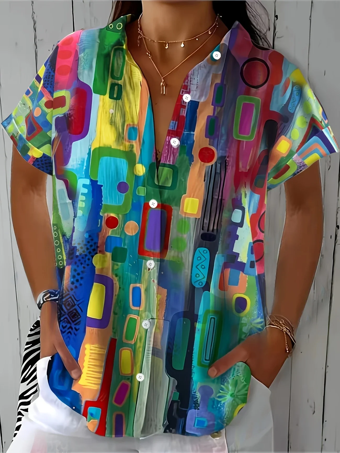 Women Abstract Short Sleeve Shirt Summer Printing Shirt Collar Daily Casual Top