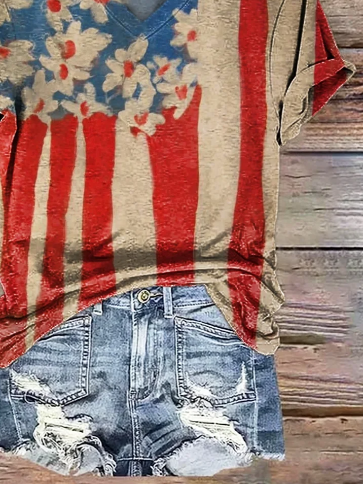 Women Floral Short Sleeve Tee T-shirt V Neck Printing Casual Summer Graphic Tee Top