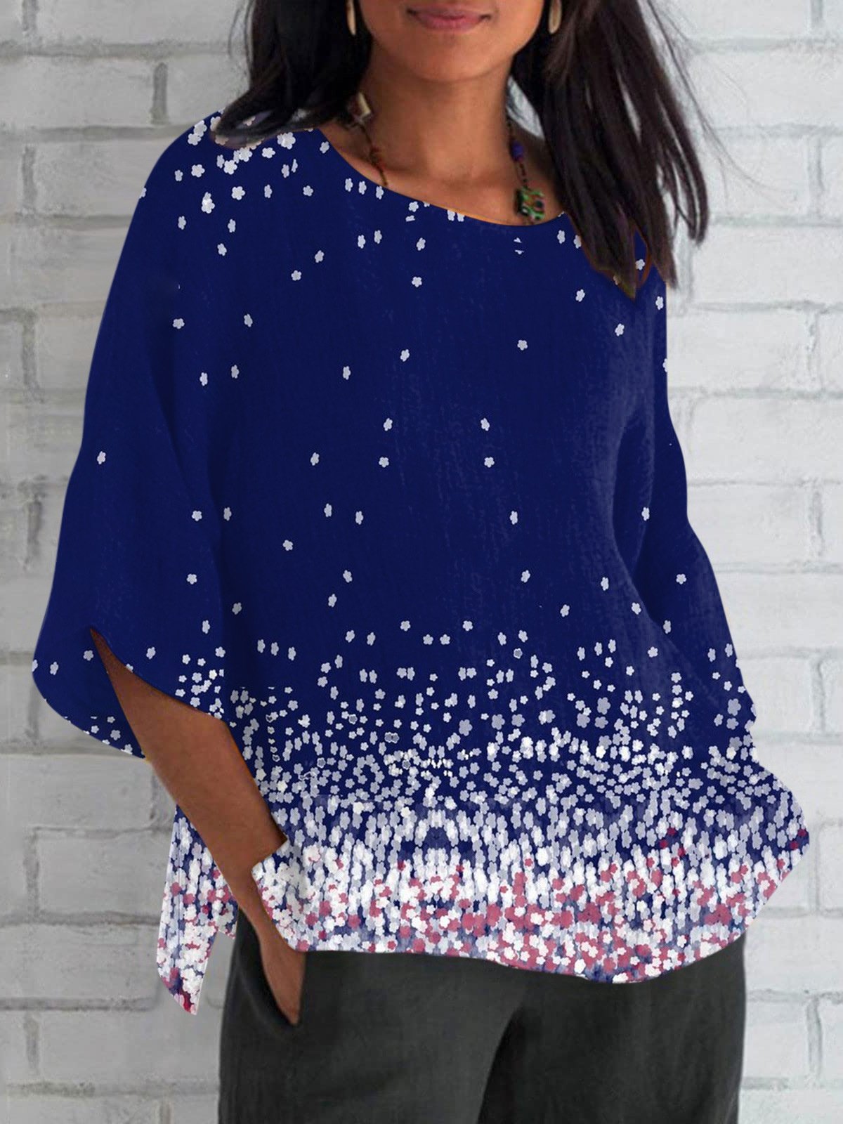 Women Geometric Short Sleeve Tee T-shirt V Neck Printing Vintage Summer Top