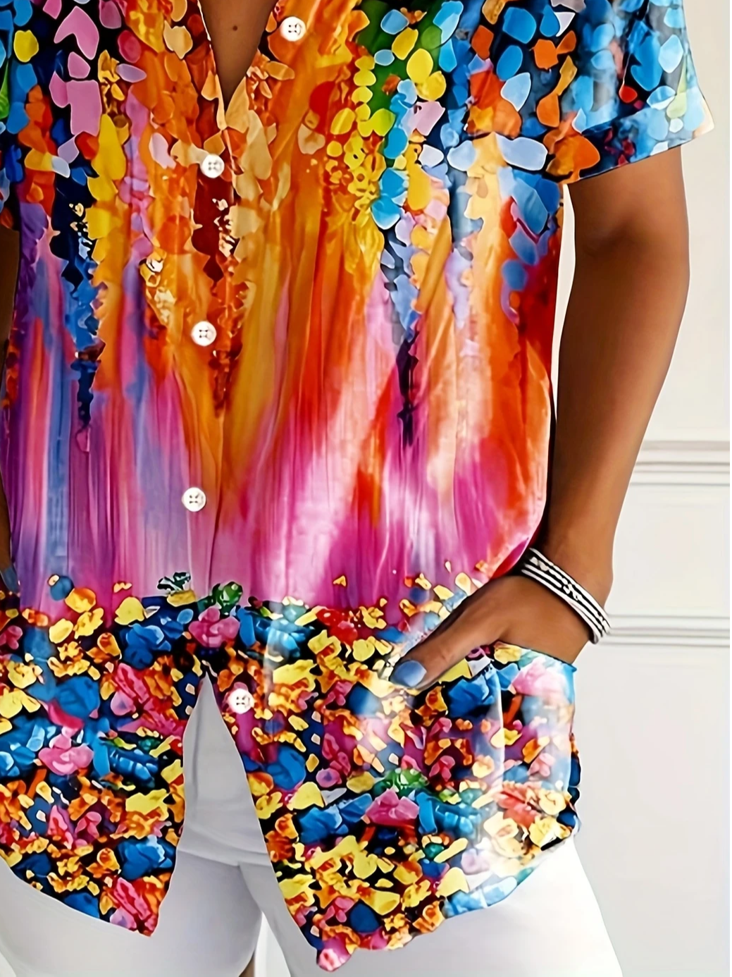 Women Abstract Short Sleeve Shirt Summer Printing Shirt Collar Daily Casual Top