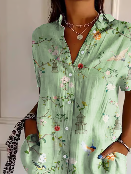Women Floral Short Sleeve Shirt Summer Printing Shirt Collar Daily Casual Top