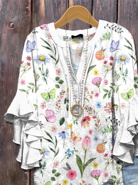 Women Floral Half Sleeve Shirt Summer Printing V Neck Daily Casual Top