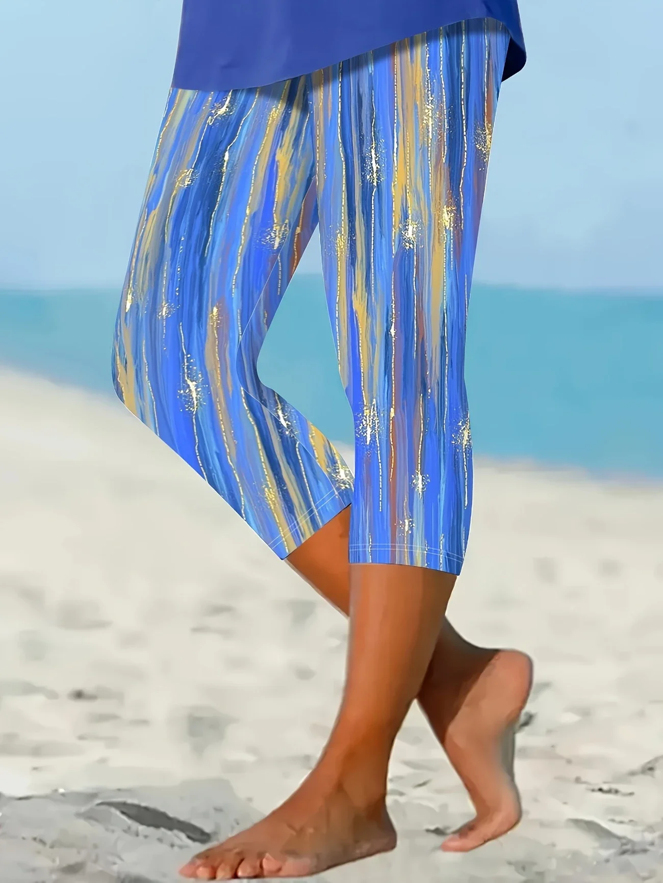 Women Abstract Capris Elastic Waist Pants Casual Summer Trousers