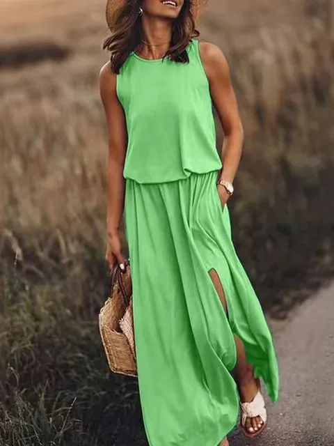 Women Plain Sleeveless Summer Split Joint Dress Crew Neck Daily Vintage Maxi Tank A-Line Dress