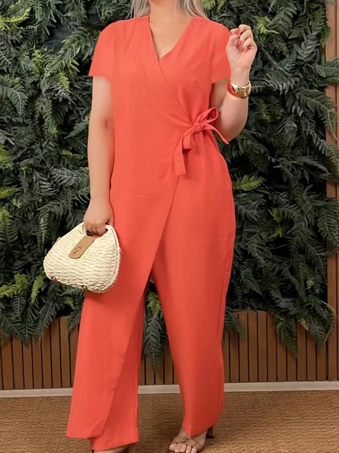 Women Plain V Neck Half Sleeve Casual Summer Cotton Jumpsuit