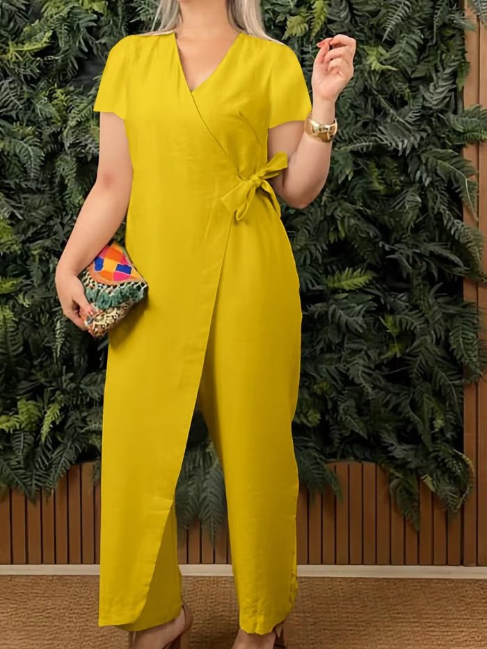 Women Plain V Neck Half Sleeve Casual Summer Cotton Jumpsuit