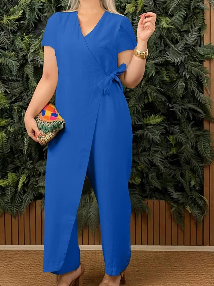 Women Plain V Neck Half Sleeve Casual Summer Cotton Jumpsuit