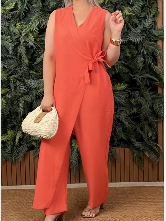 Women Plain V Neck Half Sleeve Casual Summer Cotton Jumpsuit