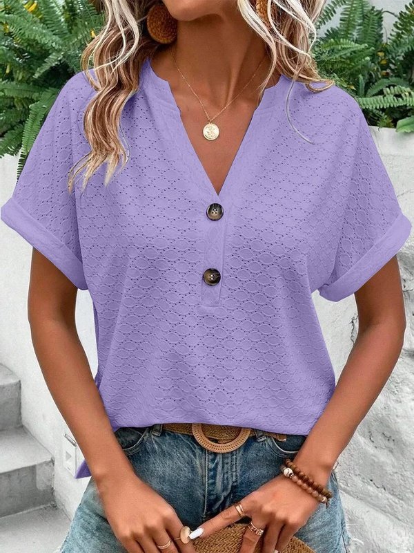 Women Plain Short Sleeve Tee T-shirt V Neck Hollow Out Casual Summer Top