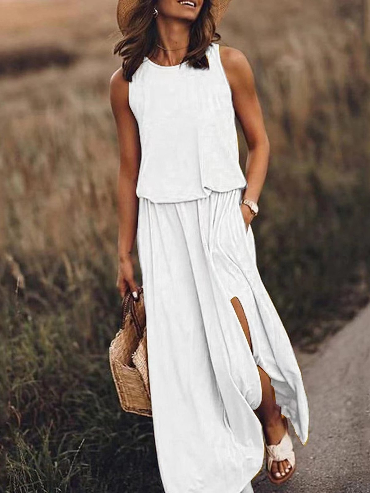 Women Plain Sleeveless Summer Split Joint Dress Crew Neck Daily Vintage Maxi Tank A-Line Dress