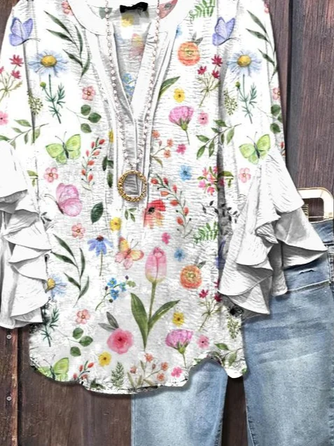 Women Floral Half Sleeve Shirt Summer Printing V Neck Daily Casual Top