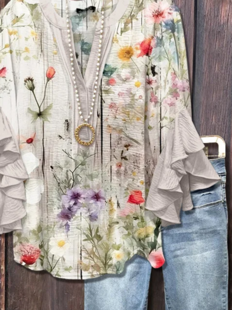 Women Floral Half Sleeve Shirt Summer Printing V Neck Daily Casual Top