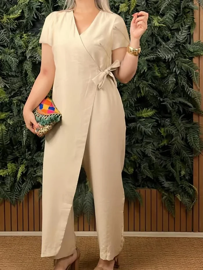 Women Plain V Neck Half Sleeve Casual Summer Cotton Jumpsuit