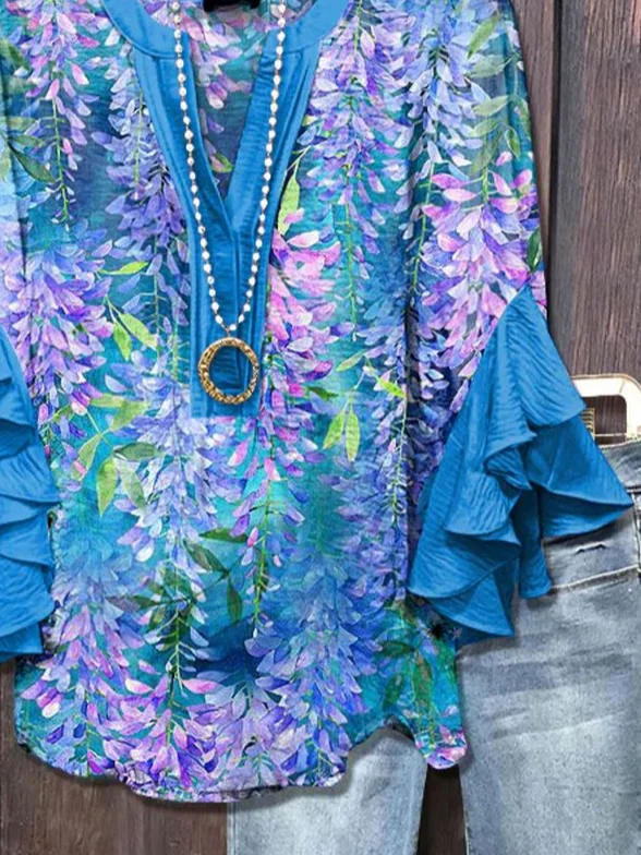Women Floral Half Sleeve Shirt Summer Printing V Neck Daily Casual Top