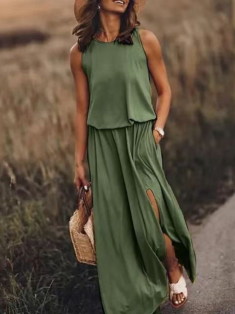 Women Plain Sleeveless Summer Split Joint Dress Crew Neck Daily Vintage Maxi Tank A-Line Dress